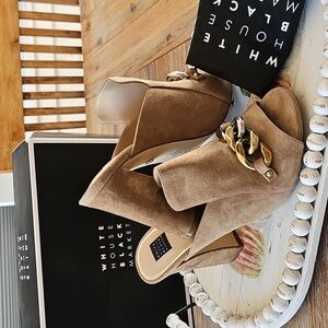 White House Black Market Beige Suede Mules with Gold/ Silver Chain